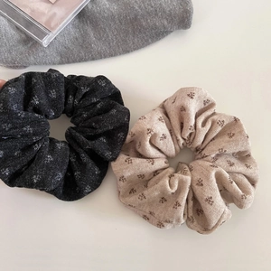 Floral knit scrunchie set in black and beige, minimalist elastic hair ties for women