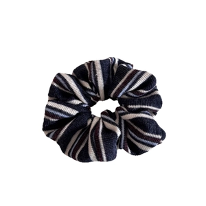 Vintage college style striped knit hair scrunchie in black white and dark red patterns