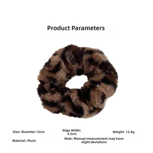 Detailed plush leopard print scrunchie specs with 12cm diameter and soft texture