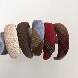 Retro Plaid Woolen Sponge Headband For Women Wide Brim Handmade Checkered Hair Band Autumn Winter High Top Hair Accessory