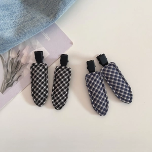 Minimalist plaid fabric hair clips in black and blue checkered pattern, set of four