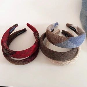 Set of five retro wool plaid sponge headbands in red, brown, and cream handmade tweed fabric