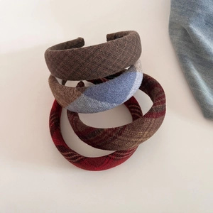 Set of four vintage plaid sponge headbands in brown and blue grey wool fabric