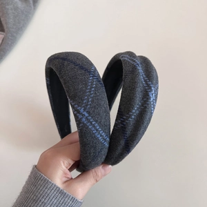Vintage Woolen Plaid Wide Headband For Women Grey Checkered High Top Hairband Elegant Pleated Autumn Winter Hair Accessories