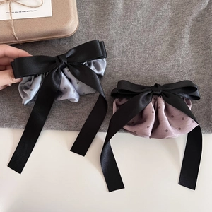 French style polka dot satin bow hair clips set in elegant grey and dusty pink colors