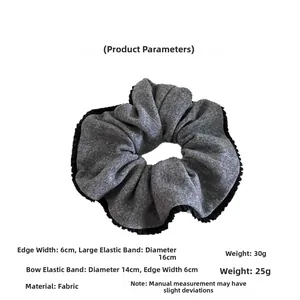 Gray knitted scrunchie with size specifications: 14cm and 16cm diameter details
