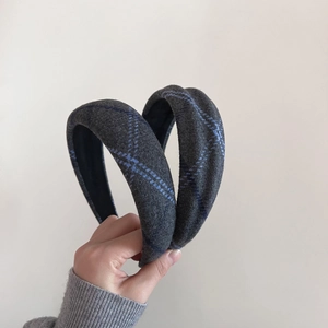 Chic grey plaid thick wool headband with premium vintage pattern for autumn winter