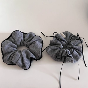 Korean Style Gray Knit Bow Scrunchie Vintage Elegant Pleated Edge Elastic Hair Tie Fashion Autumn Winter Hair Accessories