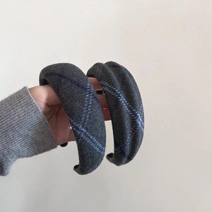 Chic grey plaid wool thick headband set for women showing high-top volume and texture
