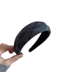 Grey plaid wool headband with thick padded design for autumn winter fashion style