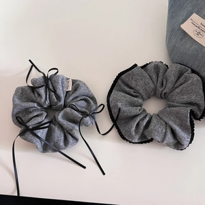 Elegant grey knitted hair scrunchies with black bows and lace trim for women accessories