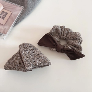 Knitted fabric bow scrunchie and triangular hair accessory in vintage taupe brown color