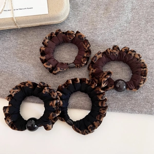 Vintage Leopard Print Hair Scrunchies Fabric Elastic Hair Ties With Round Bead Fashion Hair Accessories For Women Daily