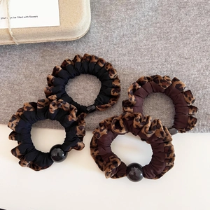 Vintage leopard print hair scrunchies with black decorative beads for women ponytail styles