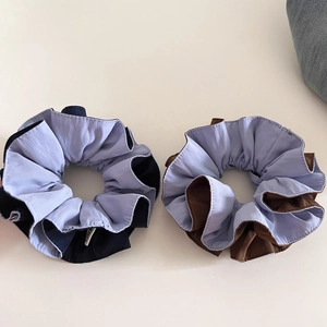 Minimalist bicolor oversized scrunchies in purple navy and brown mix with fabric pleats
