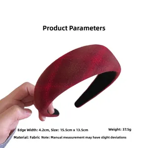 Detailed size specifications for a wide red plaid headband with sponge padding texture