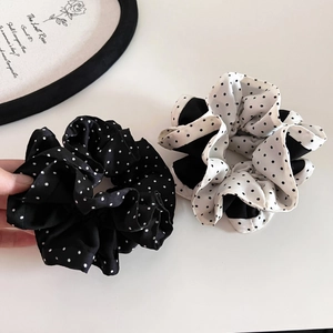 Elegant black and white polka dot satin scrunchies with a classic vintage French style