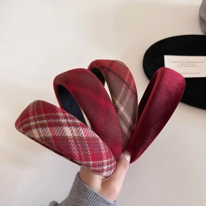Classic red plaid sponge headband for women with retro thick padded velvet fabric design