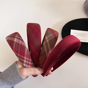 Set of padded red plaid and velvet headbands for a vintage autumn and winter look