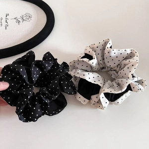 Elegant satin polka dot scrunchie set in black and white with ruffled textures