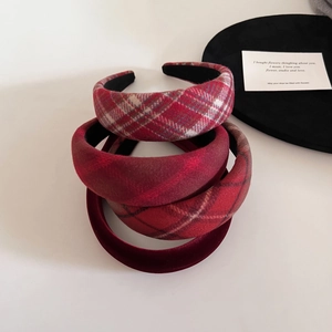 Retro red plaid and velvet sponge headbands set for a vintage high crown hair styling look