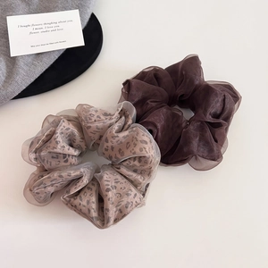 Elegant leopard print and dark brown mesh organza scrunchies for women hair accessories