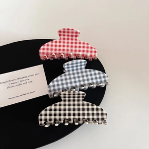 Three-piece set of elegant plaid acetate hair claws in red, blue and black colors