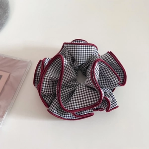 Gingham checkered hair scrunchie with burgundy trim and stylish multi-layer fabric design