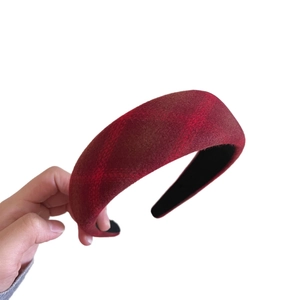 Vintage red plaid sponge headband for women with thick padded high top design
