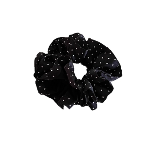 Elegant black satin polka dot scrunchie hair tie for women stylish bun accessories