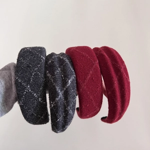 Padded red plaid and dark grey quilted wool headbands for high cranial top look