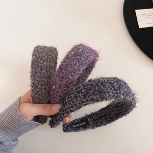 Three-pack tweed knit headbands with sequins in grey, purple and blue tones