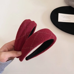 Thick red plaid wool headband for women with a high crown stylish padded design