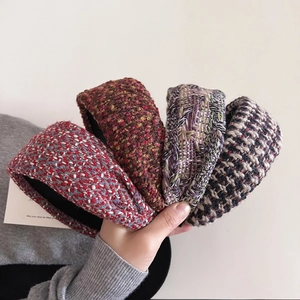 Vintage Tweed Padded Headband For Women Elegant Wide Brimmed Hairband Plaid Weave Autumn Winter Hair Hoop Headpiece