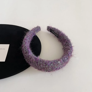 Elegant purple tweed headband with silver sequins and handmade label for high cranial top