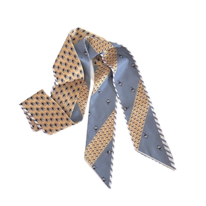 Vintage paisley skinny silk scarf with blue and yellow patchwork floral pattern