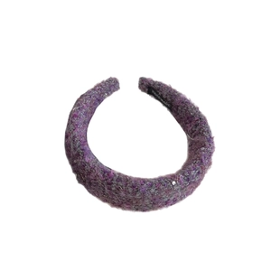 Elegant purple tweed headband for women with a handmade label on a white background