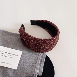 Elegant tweed padded headband with vintage red-brown textures for a high cranial top style