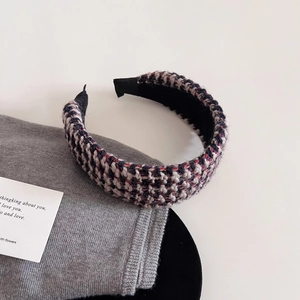 Elegant tweed plaid headband in grey red and white for vintage autumn style looks