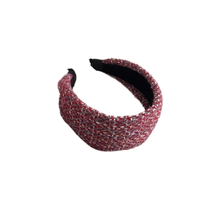Elegant tweed headband in red blue white weave pattern with non-slip black lining