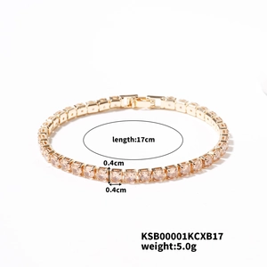 Detail view of 17cm gold tennis bracelet featuring 0.4cm square pink zircon stones