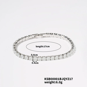 Detailed top view of silver tennis bracelet featuring white square opal stones and dimensions