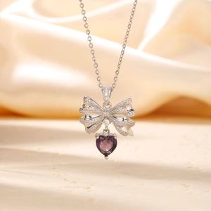 Kupfer Zirkonia Herz Schleife Anhänger Halskette Versilbert Lila Edelstein Schlüsselbein Kette Modeschmuck Für Damen
