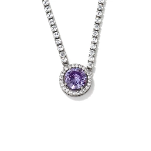 Collana tennis in argento con pendente tondo in gemma viola e alone di brillanti zirconi