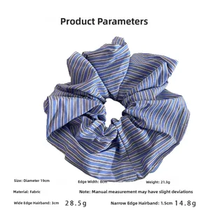 Detailed size chart for blue striped fabric scrunchie showing 19cm diameter and fabric material