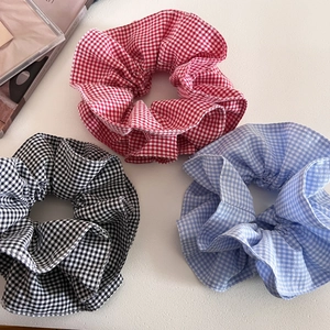 Three-piece Korean retro gingham scrunchies in red, blue, and black checkered patterns