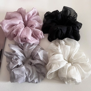 Set of four fluffy organza scrunchies in pink, black, grey and beige colors