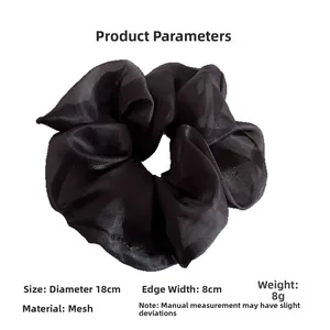 Detailed size parameters of 18cm black sheer tulle scrunchie with soft pleated texture