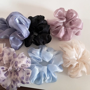 Set of 6 French style pearlescent scrunchies in purple, pink, blue and polka dot patterns