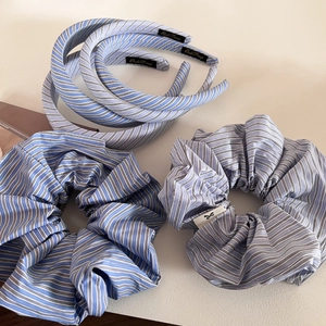 Blue and white striped hairband and scrunchie set in minimalist preppy style